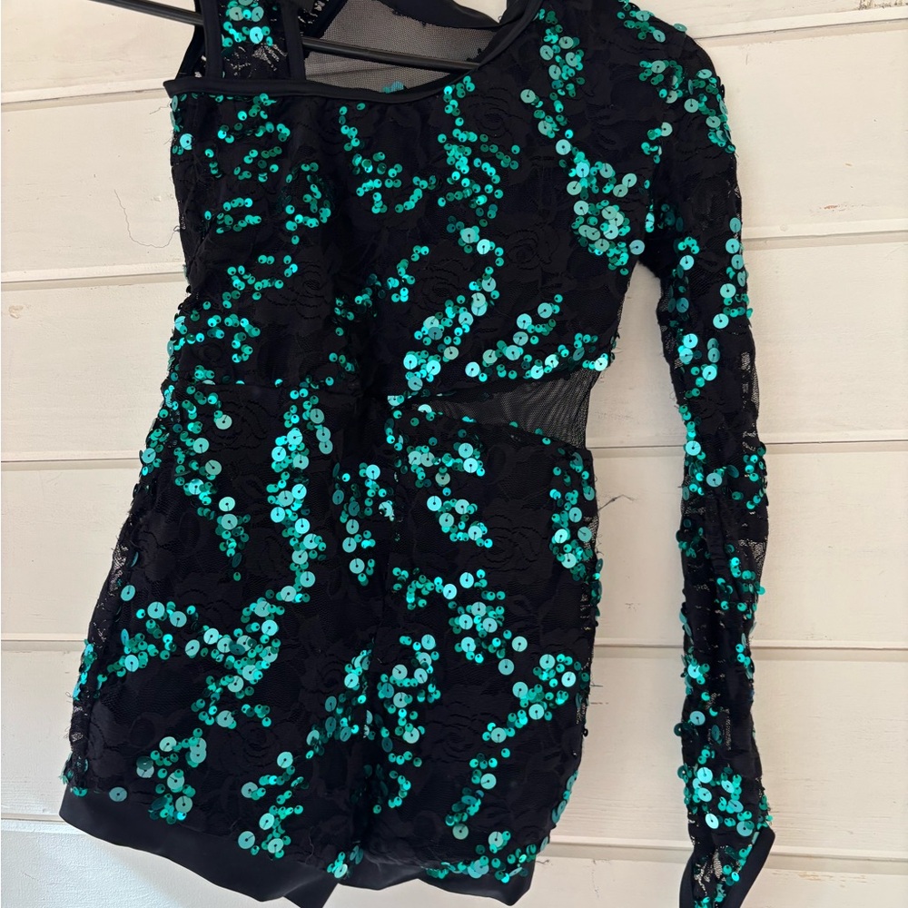 Weissman One Shoulder Black Dress with Green Sequins